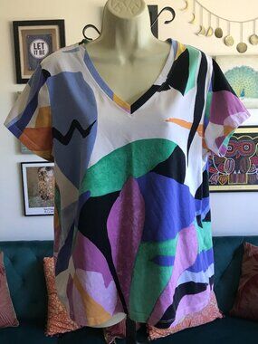 CHICO'S size 3 / XL Purple Nightshade Abstract Floral V‑Neck Short Sleeve Tee